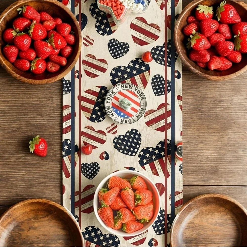 4th of July‎ Table Runner Stars Stripes  Hearts Patriotic Red White Blue 72x13in
